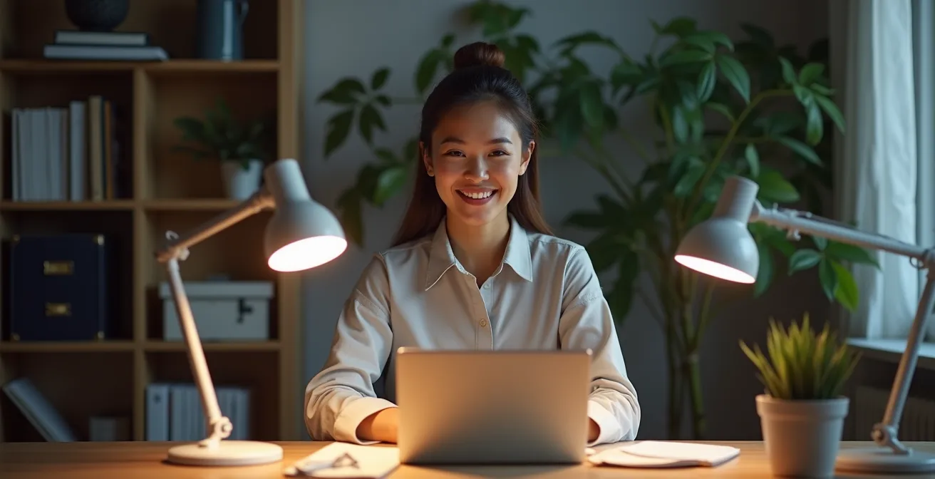 Home office desk setup showing proper three-point lighting arrangement for video calls