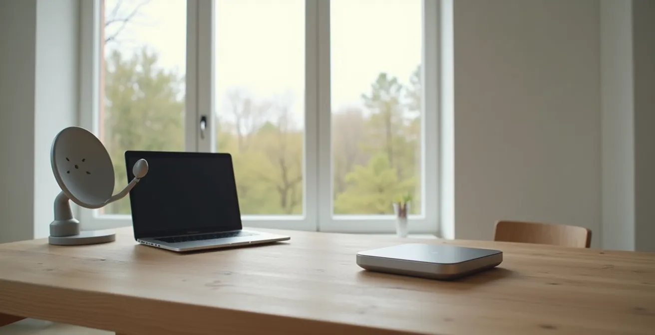 Professional remote workspace showing multiple internet connectivity devices