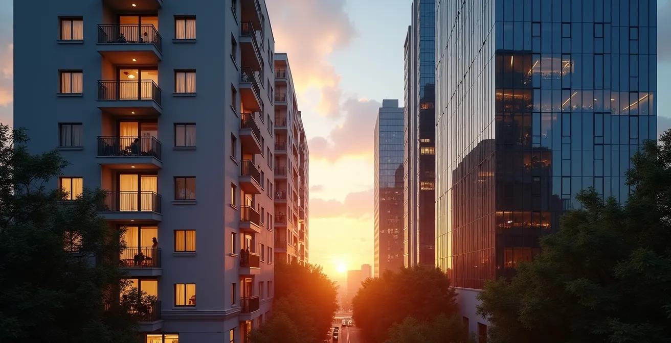 Split composition showing residential apartment building and commercial office space
