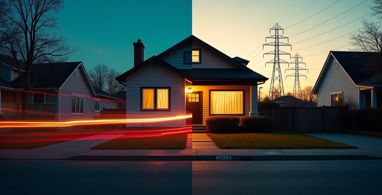 Split view comparison of residential properties showing environmental impact factors