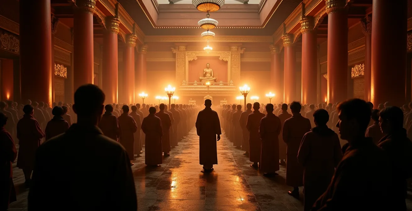 Visitors observing a traditional ceremony from a respectful distance, staying in the background.