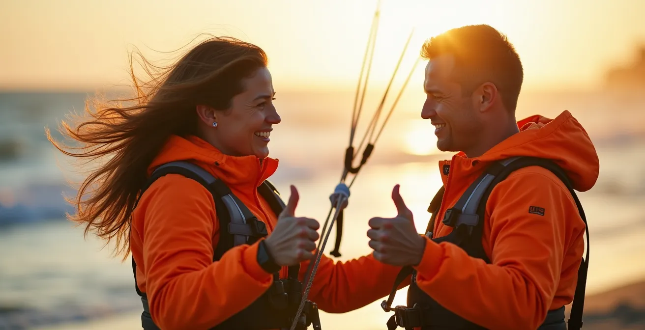 Two kitesurfers demonstrating proper launch communication and positioning