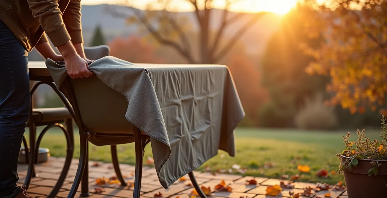 Outdoor furniture arrangement showing seasonal weather transition with protective covers