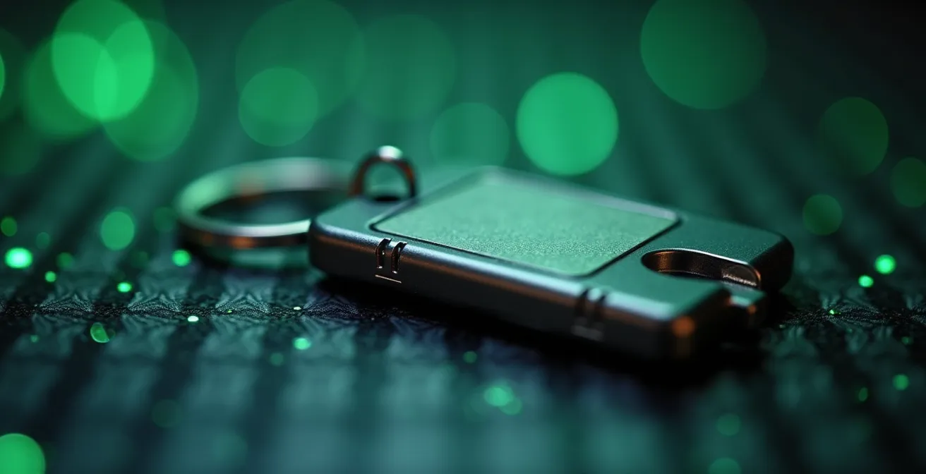 Close-up of physical security key and encrypted password vault interface