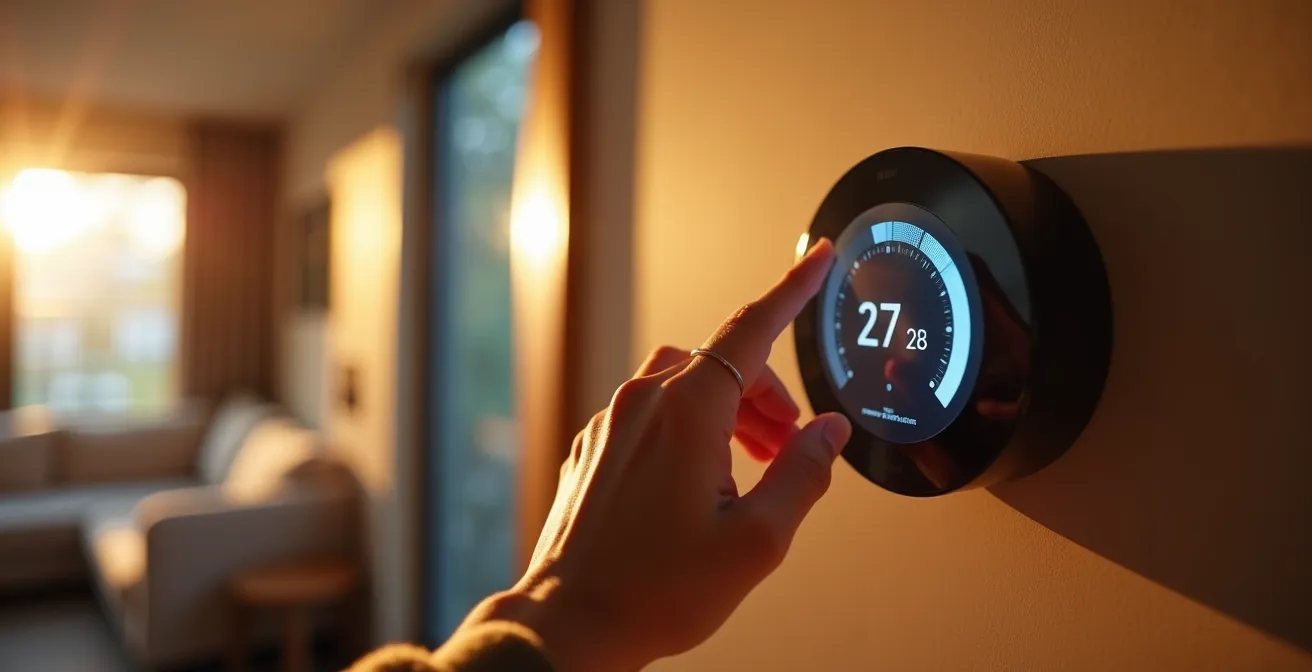 A hand adjusts a sleek, wall-mounted smart thermostat, with the interface showing abstract patterns of light representing different temperature zones in a home.