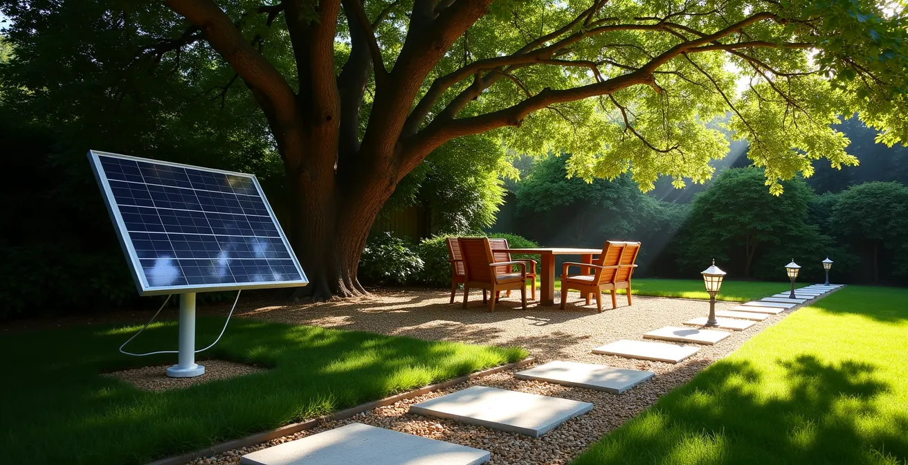 Strategic solar panel placement in a partially shaded garden with reflective surfaces