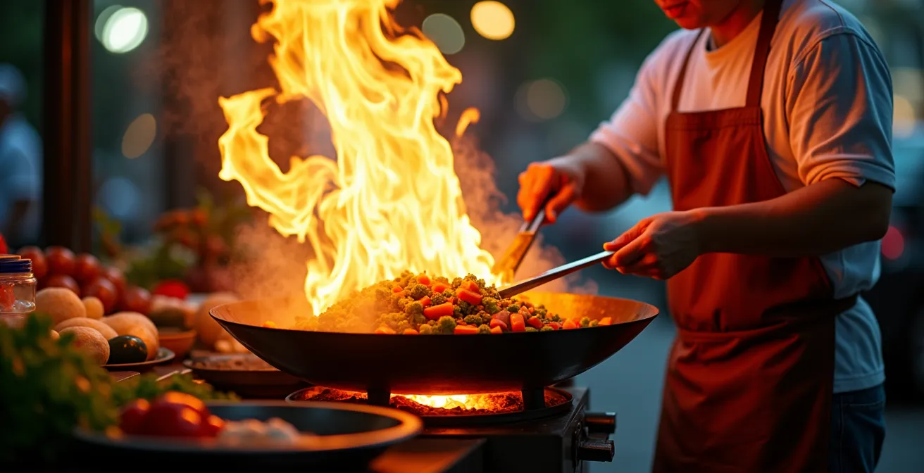 Street food vendor cooking fresh ingredients over high flames with visible steam rising