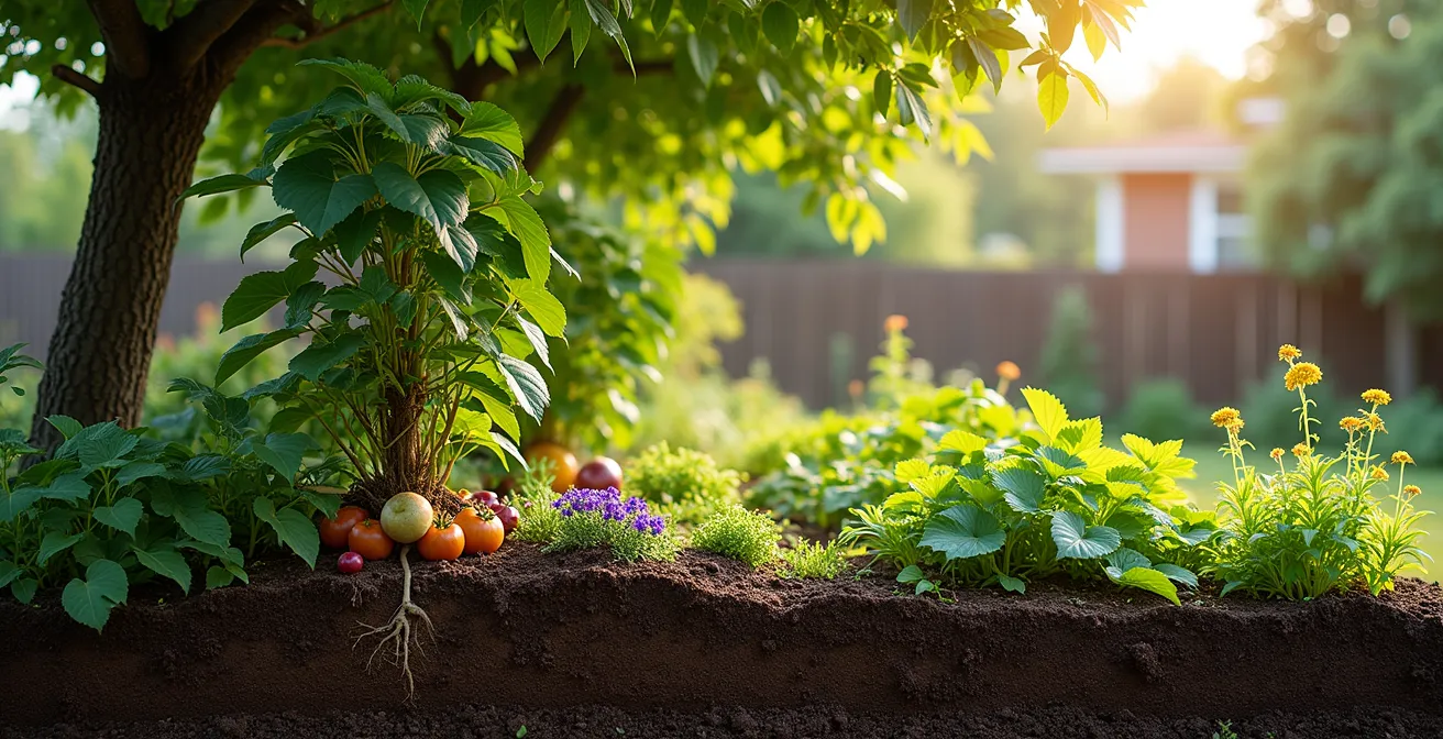 Cross-section view of a seven-layer food forest showing canopy trees, understory, shrubs, herbs, ground cover, vines, and root layers