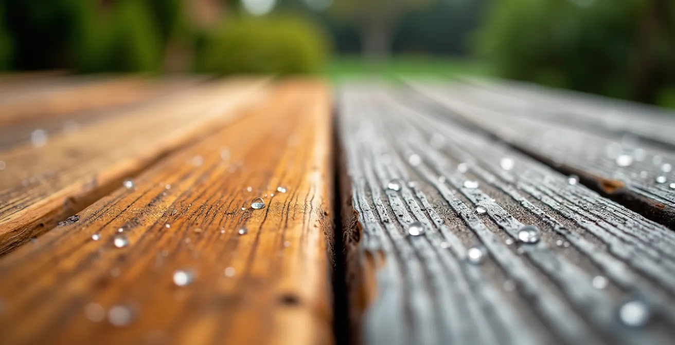 Close-up of teak wood surface showing natural silver patina transformation