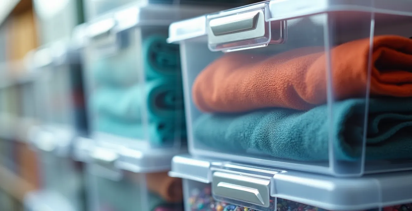 Clear storage containers showing organized items with visible review date labels