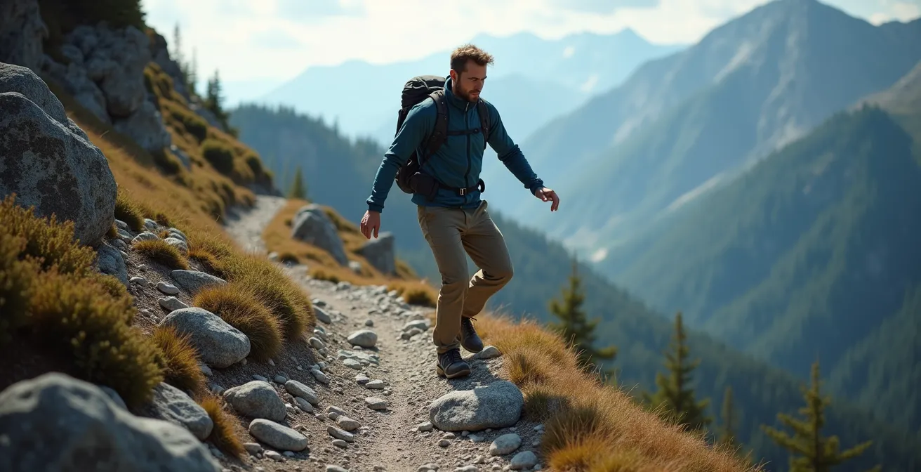 Trekker performing heel-to-toe balance test on narrow mountain trail
