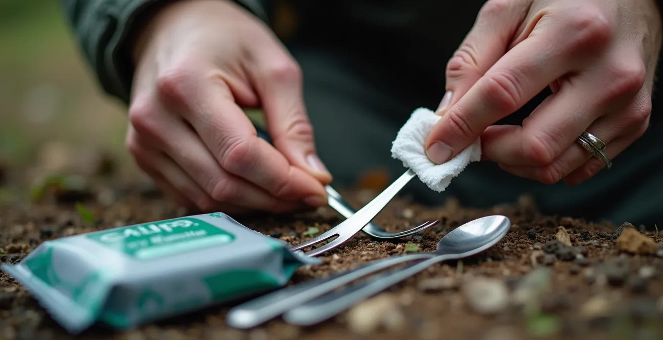 Hands demonstrating proper two-step alcohol wipe technique on camping utensils outdoors