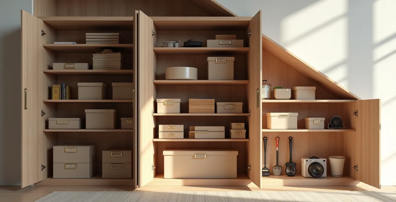 Under-staircase storage showing organized zones with different access frequencies