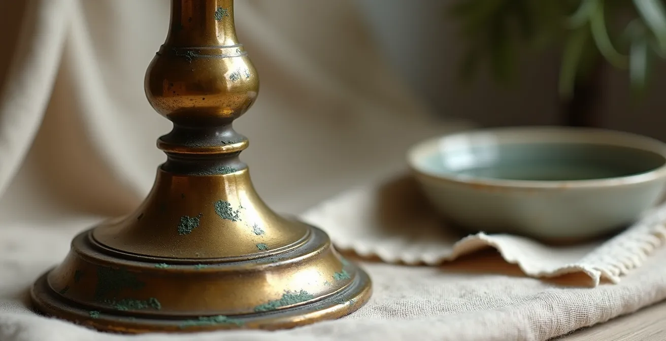 Macro shot of vintage brass candlestick showing the gradient between original patina in recesses and gently polished highlights