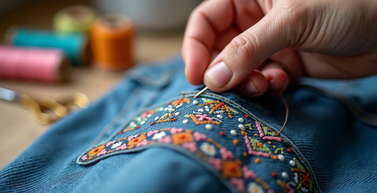 Hands repairing clothing with decorative stitching showing creative mending