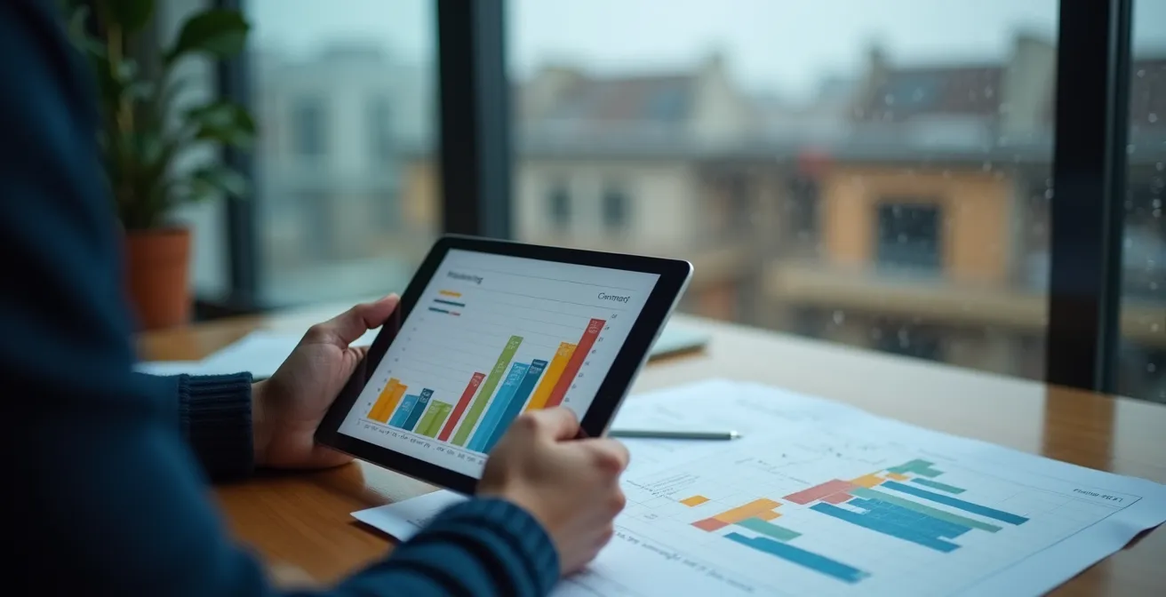 Construction manager analyzing weather data on tablet at building site