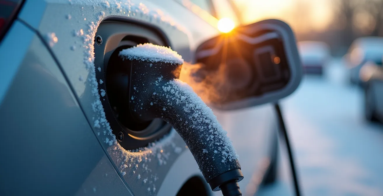 Electric vehicle covered in frost plugged into charger during winter morning
