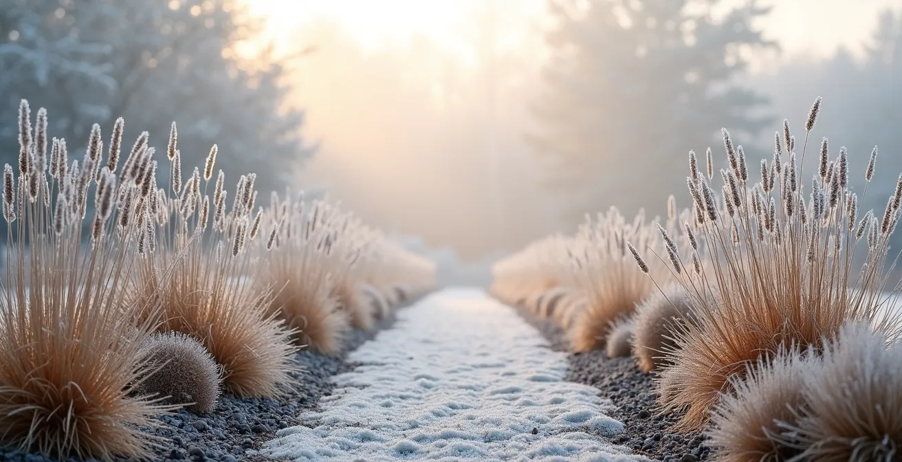 Winter garden showing standing dried perennial stems with frost, creating structured beauty while providing insect habitat