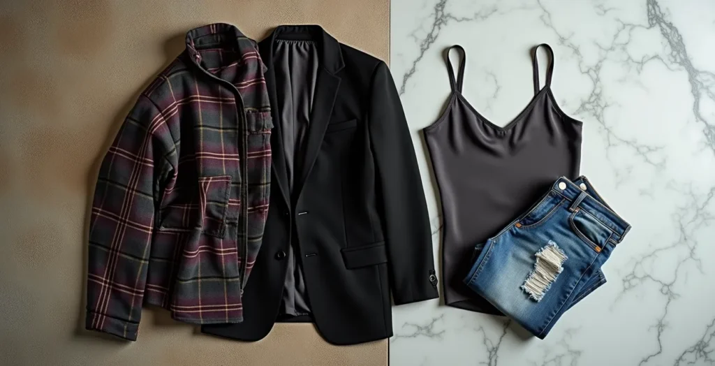 Minimalist interior with carefully arranged grunge and modern fashion pieces showing texture contrasts Minimalist interior with carefully arranged grunge and modern fashion pieces showing texture contrasts