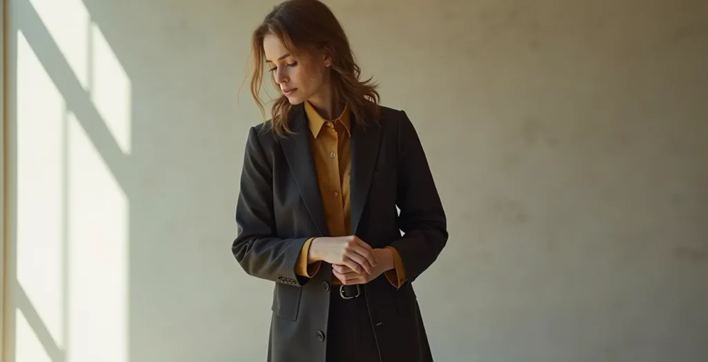 Person demonstrating oversized styling with strategic silhouette definition points Person demonstrating oversized styling with strategic silhouette definition points